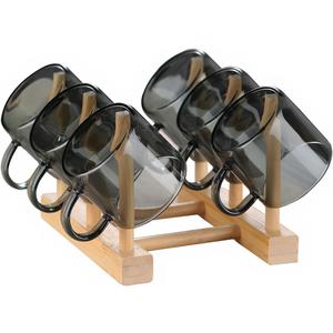 Kung Fu 6 Pcs Small Glass Tea Cup(4.06oz/120ml) + Holder Set in Smoky Gray, Bamboo Wood Chinese Tea Utensil Decoration, Transparent Mini Espresso Cup
