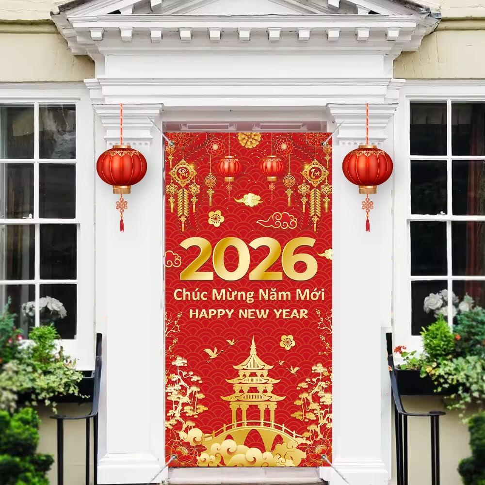Vietnamese New Year Door Cover 2026 Lunar New Year Door Banner Tt Vit Photography Backdrop for Vietnam Spring Festival Party Decoration Supplies (36x72 inch (3x6FT))