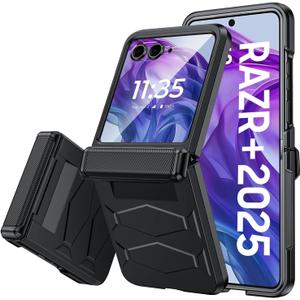 Vizvera for Motorola Razr+(Plus) 2025 Case with Hinge Cover,Built-in Screen Protector Shockproof All-Inclusive Smartphone Cover Wireless Charging for Motorola Razr+(Plus) 2025(Black)