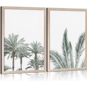 Framed Vintage Canvas Wall Art Palm Tree Leaves Poster Picture Modern Countryside Painting Nature Scenery Contemporary Home Print Living Room Gallery Office Ready to Hang 12x16 Inch x2