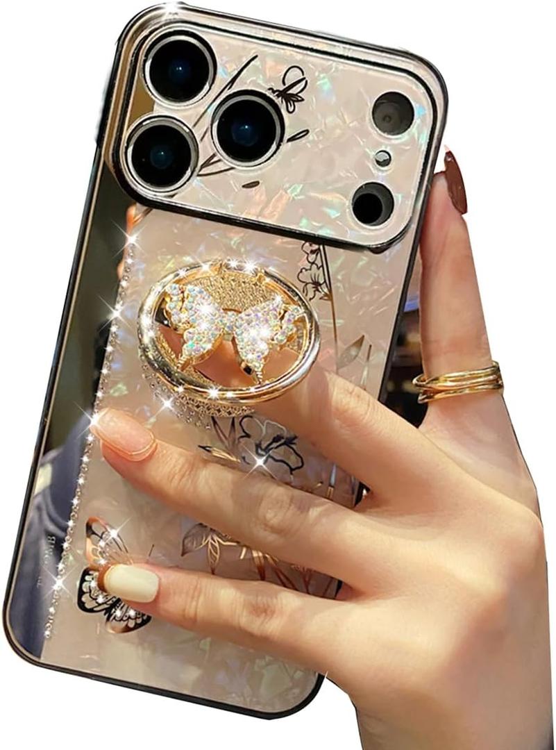 AuroiCYY for iPhone 17 Pro Max Case with Kickstand, 3D Butterfly Diamonds Shockproof Ring Holder Stand Cute Marble Glitter Bling Shiny Elegant Case Girls Women Phone Cover for iPhone 17 Pro Max, Gold