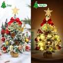 24 Inch Flocked Tabletop Christmas Tree with LED Lights & Ornaments, Artificial Mini Desktop Xmas Tree with Sturdy Fabric Base for DIY Holiday & Party Decor (White)