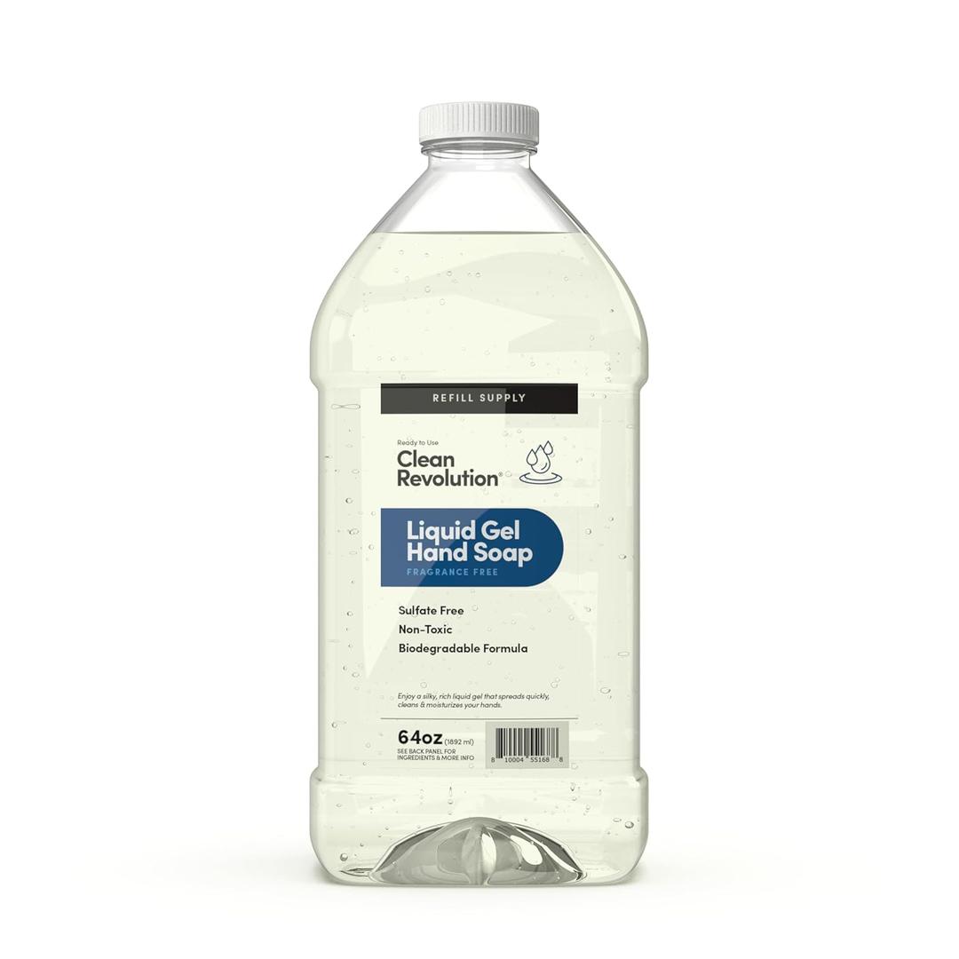 Clean Revolution Liquid Gel Hand Soap, Silky Rich Liquid, Quick Lather, Fast Rinsing (Fragrance Free) 64 Fl Oz