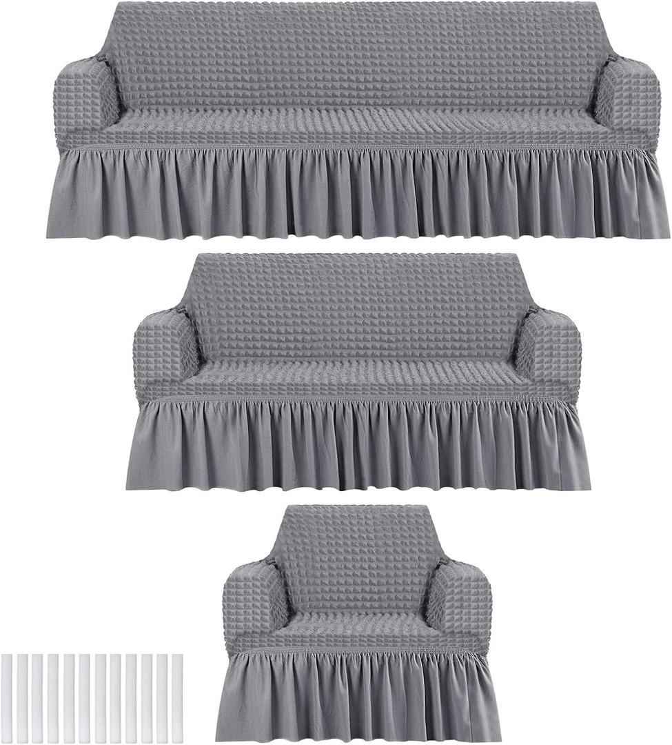 3 Pcs Sofa Slipcover Set for Couch Cushion Durable Washable High Elastic Stretchable Furniture Couch Covers with Skirt for Sofa Loveseat Arm Chair(Light Gray,Seersucker)