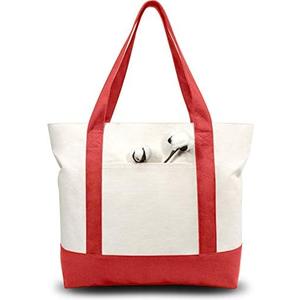 TOPDesign 1-Pack Canvas Tote Bag with an External Pocket, Reusable Grocery Shopping Bag, Top Zipper Closure, Daily Essentials (Red/Natural)