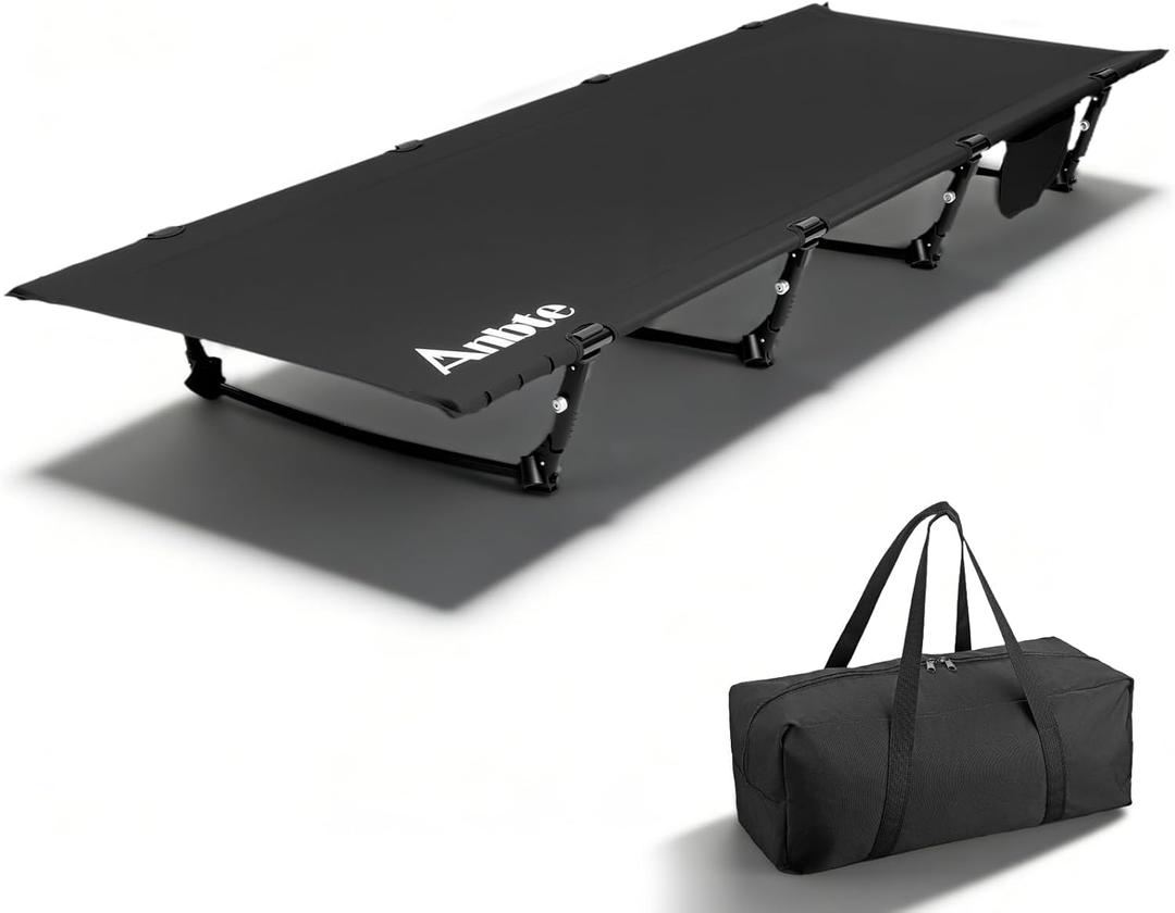 Anbte Ultralight Folding Camping Cot, Comfortable Portable Camping Cot Supports 275 lbs with Storage Bag & Side Pocket, Lightweight Folding Bed for Outdoor Travel Tent Indoor Emergency Bed, Black
