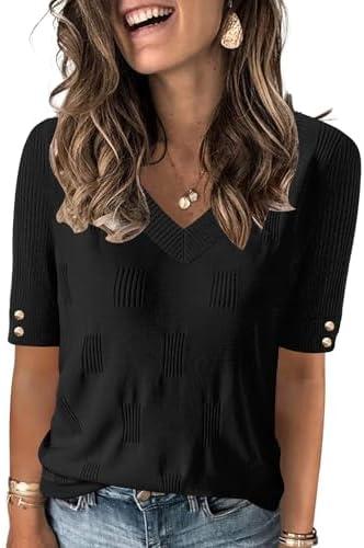 AKEWEI Womens V Neck Sweater Short Sleeve Lightweight Knit Summer Fall Tops with Decorative Buttons S Black