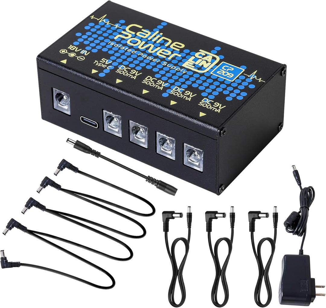 Caline Guitar Pedal Power Supply,9V 500ma Pedal Board Power Supply, Mini True Isolated Pedal Power Supply With Type-C Outlet and 4 Way Daisy Chain