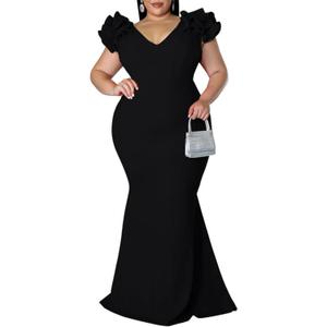 Women's Plus Size Maxi Dress Elegant V-Neck Ruffle Sleeves Bodycon Mermaid Dresses Evening Gown (3X-Large Plus, Black)