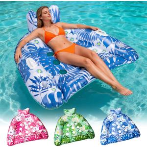 Ornnut XL/L Pool Floats, 3Pack/4Pack Inflatable Pool Floats Adult & Kids, Heavy Duty Pool Floats Chair with Cupholders & 2 Handles, Summer Pool Lounger Pool Floaties for Lakes Beach Water Party (blue, pink, green)
