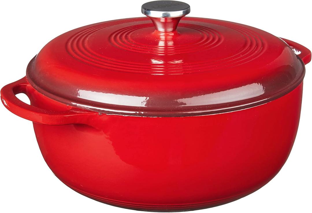 Lodge 7.5 Quart Enameled Cast Iron Dutch Oven with Lid  Dual Handles  Oven Safe up to 500 F or on Stovetop - Use to Marinate, Cook, Bake, Refrigerate and Serve  Island Spice Red