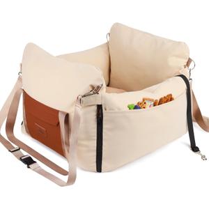 Dog Car Seats for Small Dogs, Waterproof Puppy Car Seat with Side Handles and Large Pockets, Clip-On Safety Leash and PP Cotton Filling, Pet Booster Seat for Small Dog up to 25lbs (Apricot)