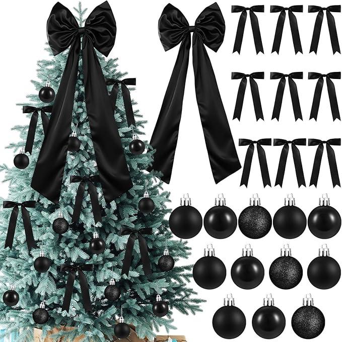 25 Pcs Black Velvet Tree Topper Christmas Ornaments Include Large Christmas Bows Tree Topper 12 Xmas Velvet Balls 12 Black Bows for Xmas Holiday Door Fireplace Wall Party Decor