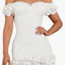 WDIRARA Women's Off Shoulder Puff Sleeve Ruffle Bodycon Dress Cocktail Party Mini Dress S