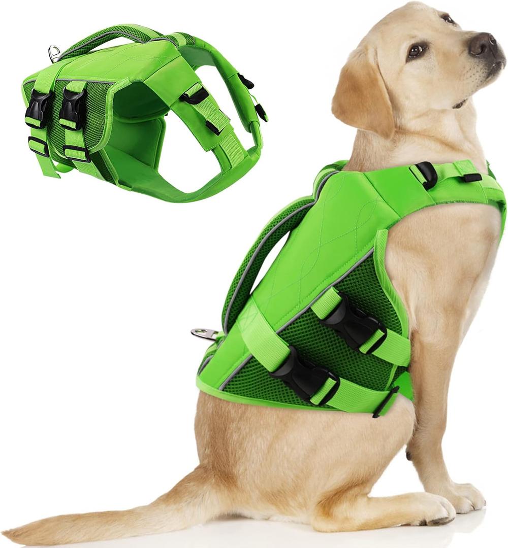 ASENKU Dog Life Jacket - Pet Safety Vest for Swimming & Boating, Shark Life Jacket with Floatation, Dog Lifesavers Swimsuits for Small Medium Large Dogs (Green, 2XL)