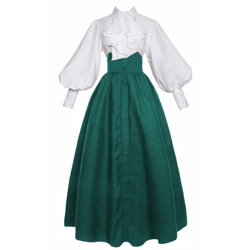 Vibsion Edwardian Costume Dress Victorian Ball Gowns for Women Medieval Vintage Blouse Skirt Set Halloween Green XL