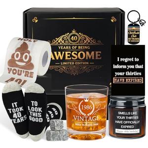 40th Birthday Gifts for Men, 6 Pcs Cool Birthday Gifts Ideas with Whiskey Glass with Frozen Stone, Funny Socks, Toilet Paper, Scented Candle, Keychain, Greeting Card for Him, Husband, Dad, Boss 2026