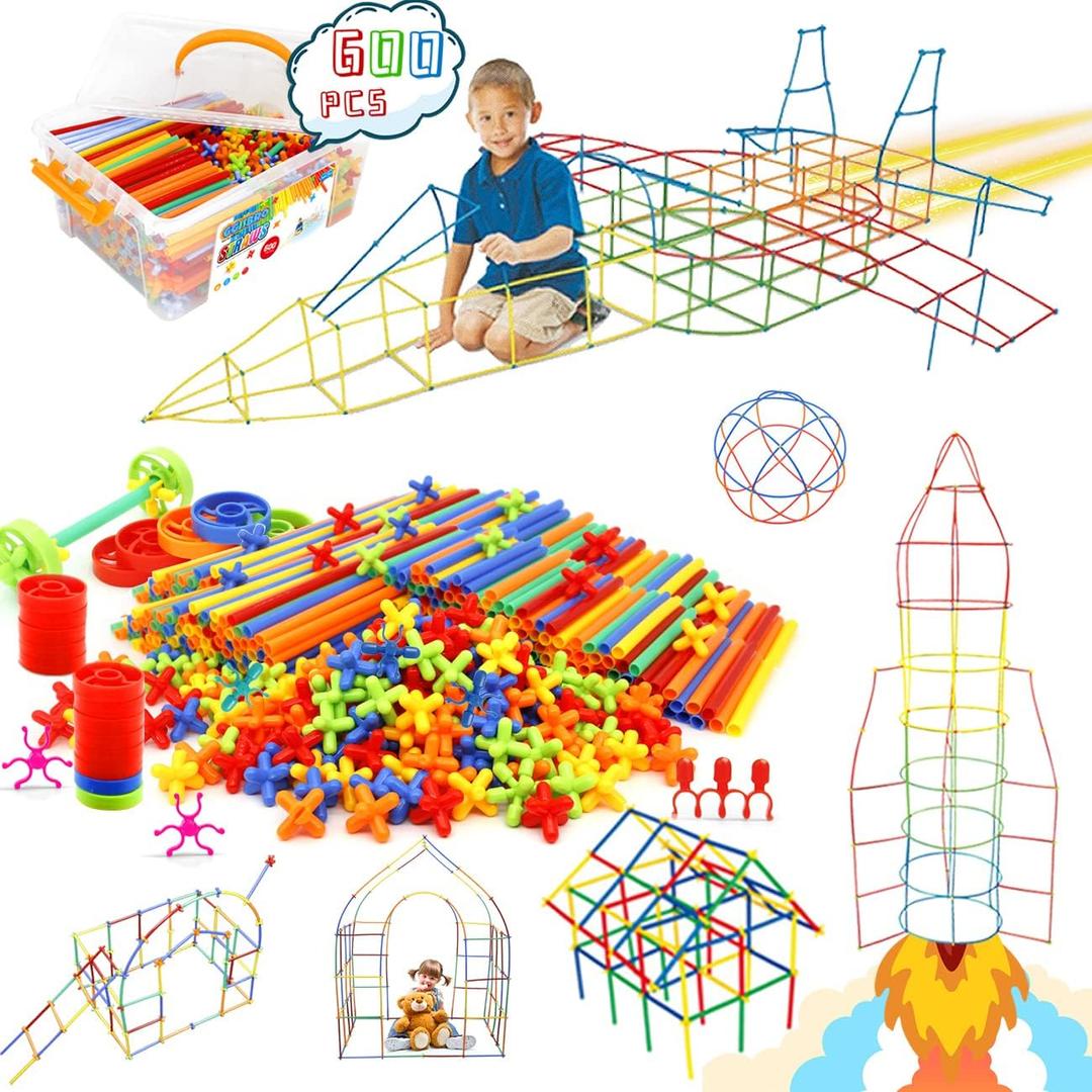 Ggiibro Straw Constructor Toys 600Pcs STEM Building Toy Interlocking Plastic Engineering Thin Tube Blocks Educational Kit for 3 4 5 6 7years Kids Boys and Girls Gift Preschool Toy with Storage Box (A01 600pcs Rainbow)