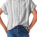 Astylish Womens Striped Henley Neck Linen Shirt Casual Button Down Cap Sleeve Blouse Tops, M