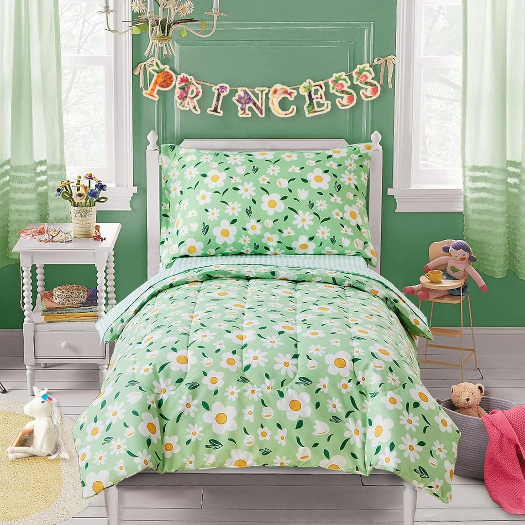 Uozzi Bedding 4 Pieces White Girls Toddler Bedding Set Green Floral Style - Includes Adorable Quilted Flower Comforter, Green Plaid Fitted Sheet, Top Sheet, and Pillow Case for Girls Bed