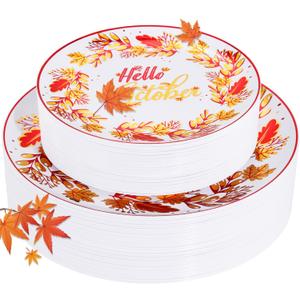 Rubtlamp 60 Thanksgiving Plastic Plates - Fall Disposable Dinner & Dessert Plates, White With Gold Red Wheat Ear Design, 30 Pcs 10.25' Dinner, 30 Pcs 7.5' Dessert for Autumn