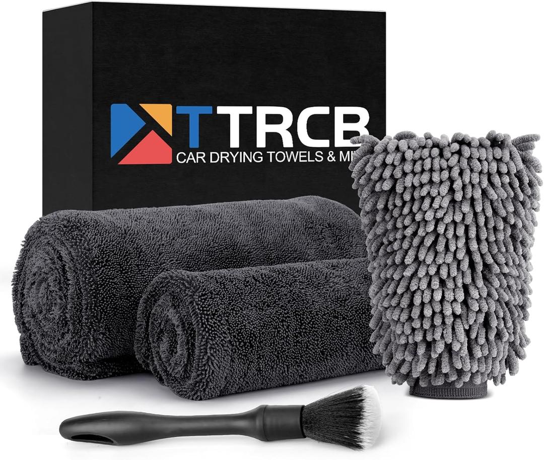2 Pack 1300 GSM Car Drying Towel, Microfiber Towels for Cars - 36" x 24" & 16" x 16", Ultra-Absorbent, Streak Free, Premium Double Twisted-Loop Microfiber Cleaning Cloth with Car Wash Mitt (Black)
