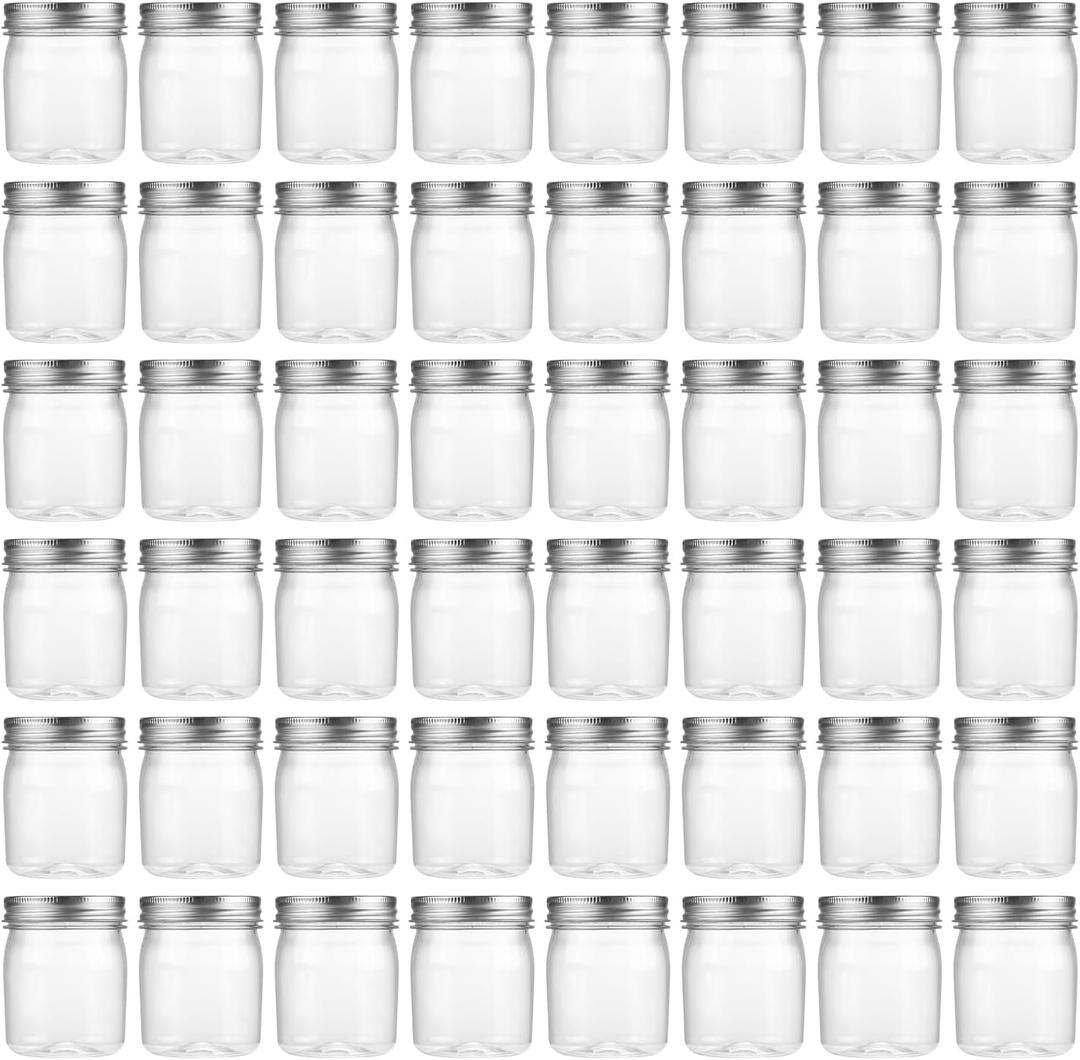 novelinks 8 oz Clear Plastic Jars with Airtight Lids, 48 Pack Plastic Mason Jars with Lids 8oz, Refillable Storage Slime Containers & Small Spice Jar for Kitchen Organization (48 Pack,Silver)