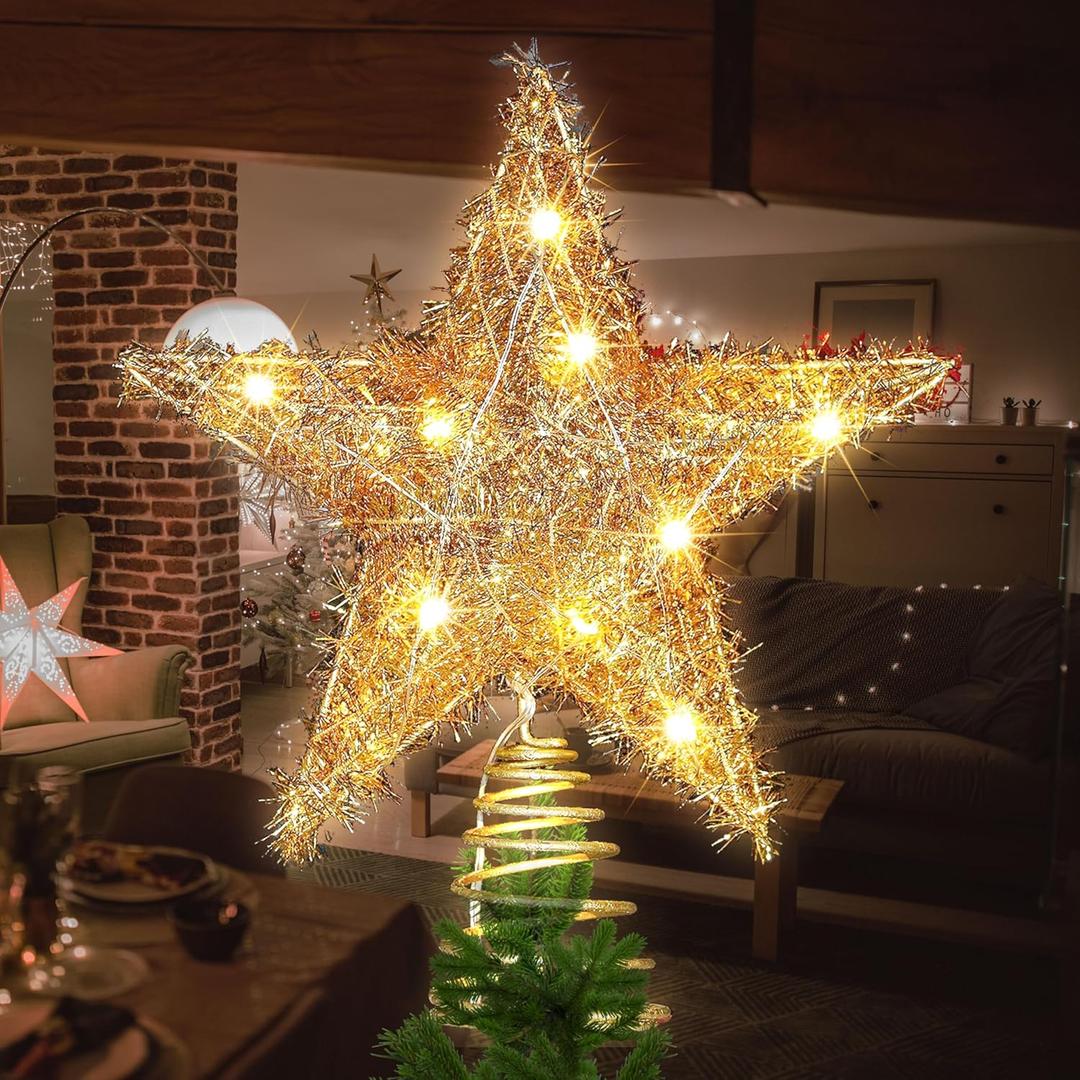 11.8'' Light-up Christmas Tree Topper Star, 20 Warm White LED Lights with Sparkling Yarn, Xmas Tree Top Decoration (Golden)
