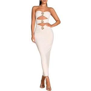 Milumia Women's Metal Flower Cut Out Strapless Tube Top Dress Sleeveless Bodycon Maxi Dresses Wedding Party Cocktail (Large, White)