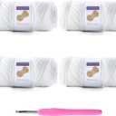 4 Pack Tshirt Yarn for Crocheting, Elastic T Shirt Spaghetti Thick Knitting Yarn Total Length 260 Yds for Crochet Bag Baskets Home Decor with 1 Crochet Hook (4-White)