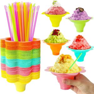 Jnnzzggu 200Pcs 4 oz Colorful Flower Snow Cone Cups with Spoon Straws, Plastic Shaved Ice Cups, Reusable Ice Cream Snack Small Bowls for Kids, Holiday, Birthday Party, Summer Cookout