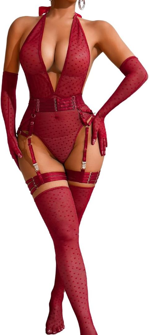 Sheer Mesh Bodysuit, Sexy 5PC Lingerie For Women, Plunge Neck Halter Backless, Garter Belt Thigh High Stockings (Small, Burgundy)