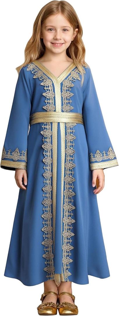 OBEEII Girls Muslim Ramadan Abaya Kids Long Sleeve V Neck Lace Prayer Dress Middle East Arabic Kaftan Dress with Belt, 10-11Y