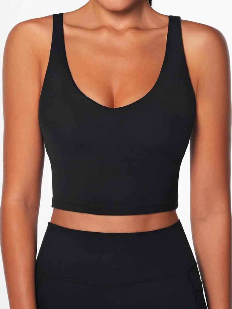 Women V-Neck Longline Sports Bras Low U Back Workout Yoga Athletic Crop Tank Top with Built in Bra (X-Small, Black)