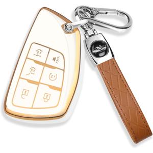 QBUC for Chevy Key Fob Cover with Keychain Soft TPU Protection Case Compatible with 2021-2026 Chevy Tahoe Suburban GMC Yukon Denali Silverado 6-Buttons(Gold Trim Ivory)