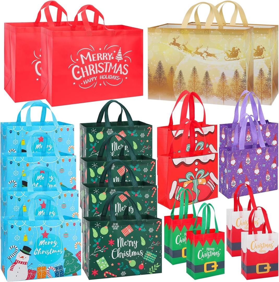 20 Pack Christmas Gift Bags Assorted Sizes, Reusable Heavy Duty Tote Bags with Handles - 4 Extra Large, 8 Large, 4 Medium, 4 Small, Christmas Bags for Gifts, Holiday Shopping, Xmas Party Favors