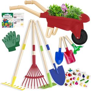 Qtioucp Kids Gardening Tools Outdoor Toys Set Backyard Play with Wheelbarrow Educational STEM Learning Pretend Toys Outdoor Indoor for Toddlers Kids Boys Girls (Red Wheelbarrow Set), Child-size