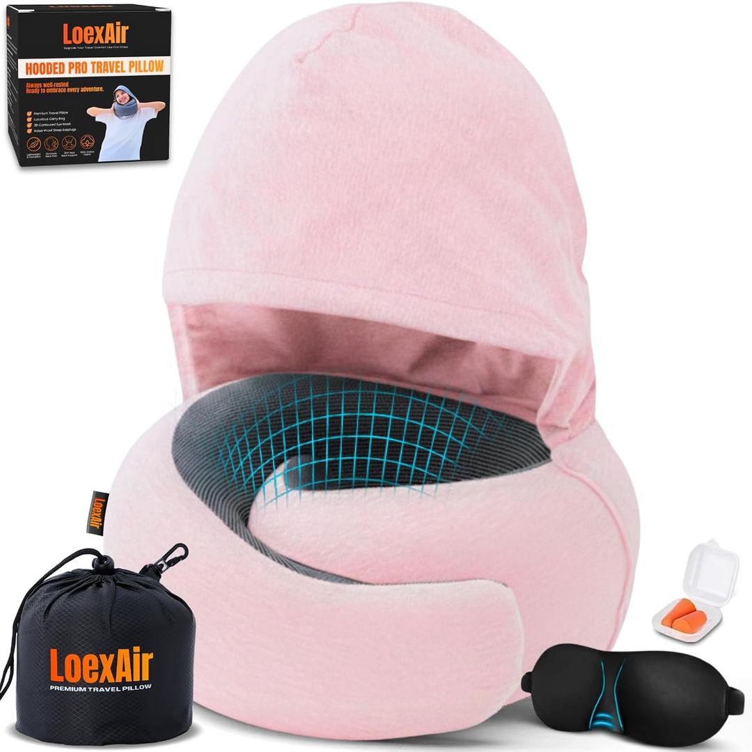 LOEXAIR Hooded Pro Travel Pillow - Memory Foam Neck Support Pillow for Airplane, Flight - Super-Soft Pure Cotton Fabric, Maximum Privacy & Light-Block Design, Lightweight Full Travel Kit- Sakura Pink