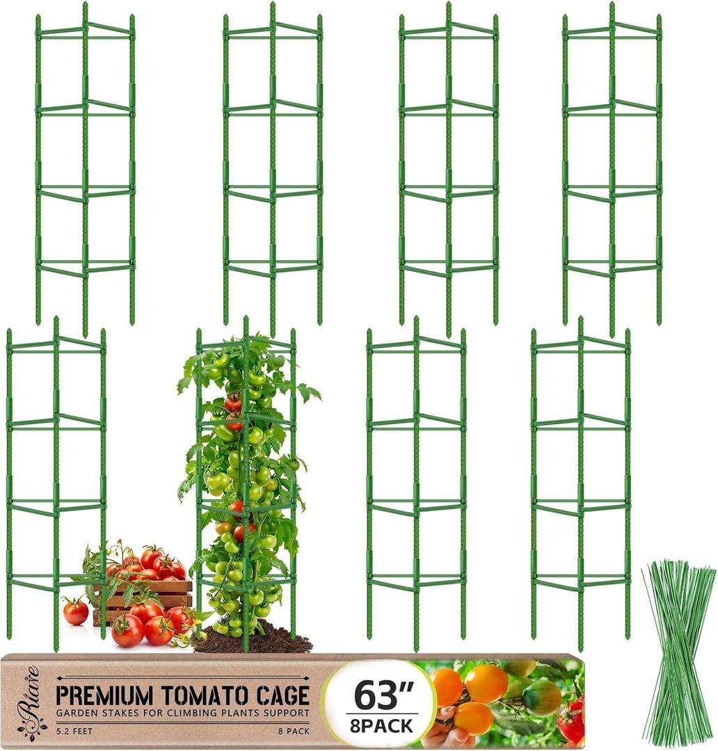 Riare 8 Pack 5.2 FT Tomato Cages for Garden- 63inches Heavy Duty Tomato Stakes and Supports, Adjustable Tall Tomato Plant Support Trellis for Pots, Raised Garden Bed, Climbing Vegetables Plants