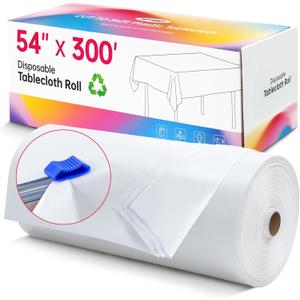 Plastic Table Cloth Disposable, 54In X 300Ft White Table Cover Roll, Disposable Tablecloth with Slide Cutter for Rectangle Round Tables, Party Tablecloths for Birthday, Wedding, Picnic, Outdoor