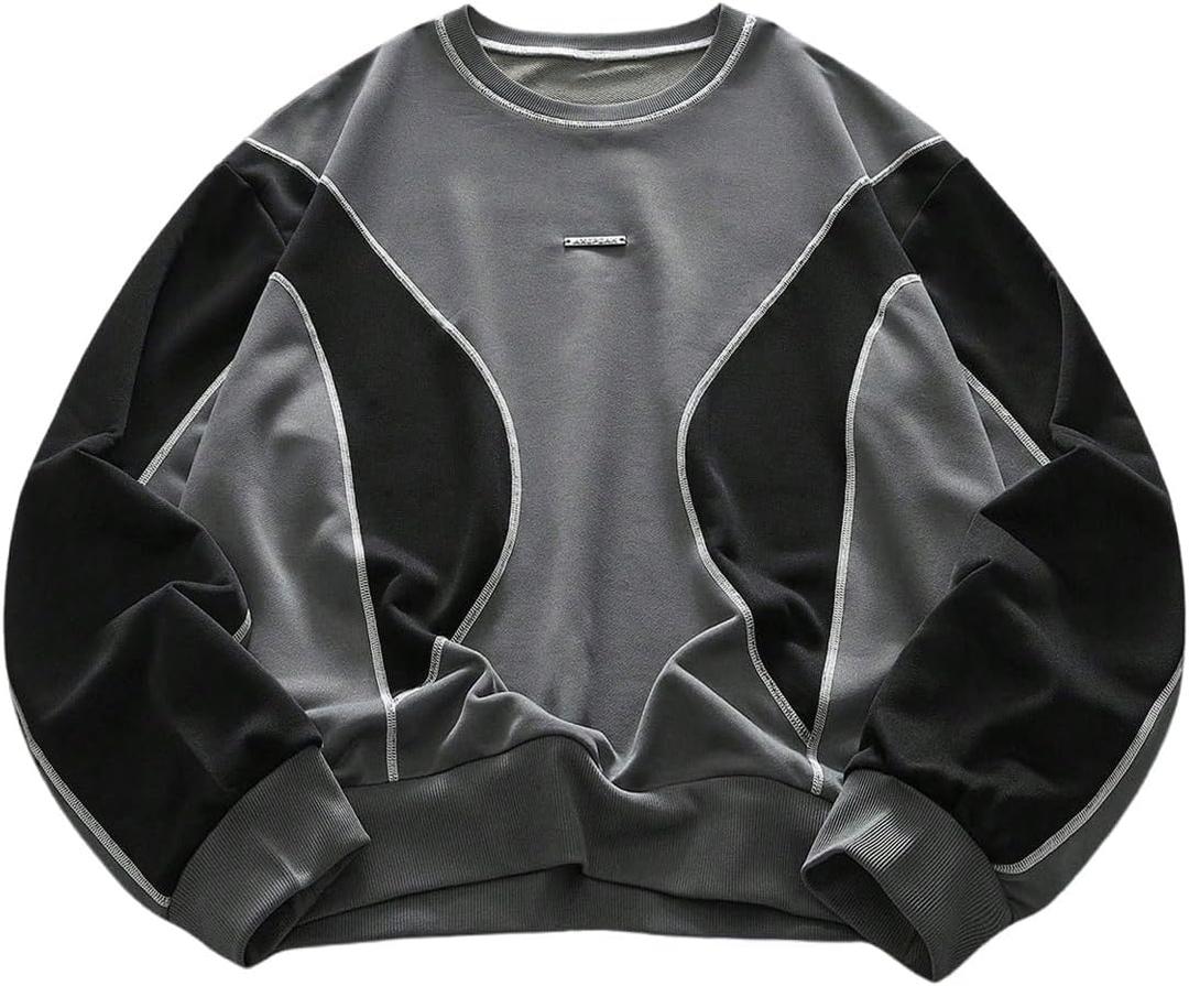 COZYEASE Men's Graphic Crewneck Sweatshirt Color Block Long Sleeve Thermal Pullover Tops Streetwear Dark Grey Small