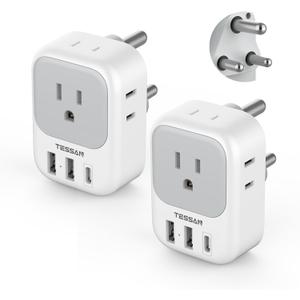 South Africa Plug Adapter 2 Pack, TESSAN Type M Power Adapter with 4 AC Outlets 3 USB Ports(1 USB C), Travel Adaptor US to Botswana Namibia Nepal Bhutan