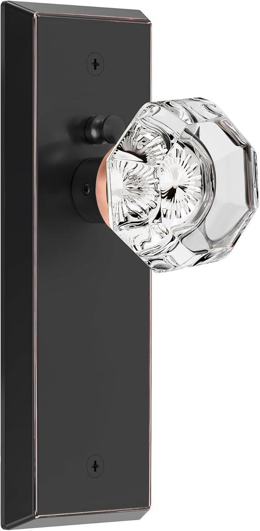 Glass Door Knobs for Interior Doors - Vintage Crystal Privacy Bedroom & Bathroom Door Knob with Lock - Diamond Cut Door Handle - Oil Rubbed Bronze Finish (1 Pack)