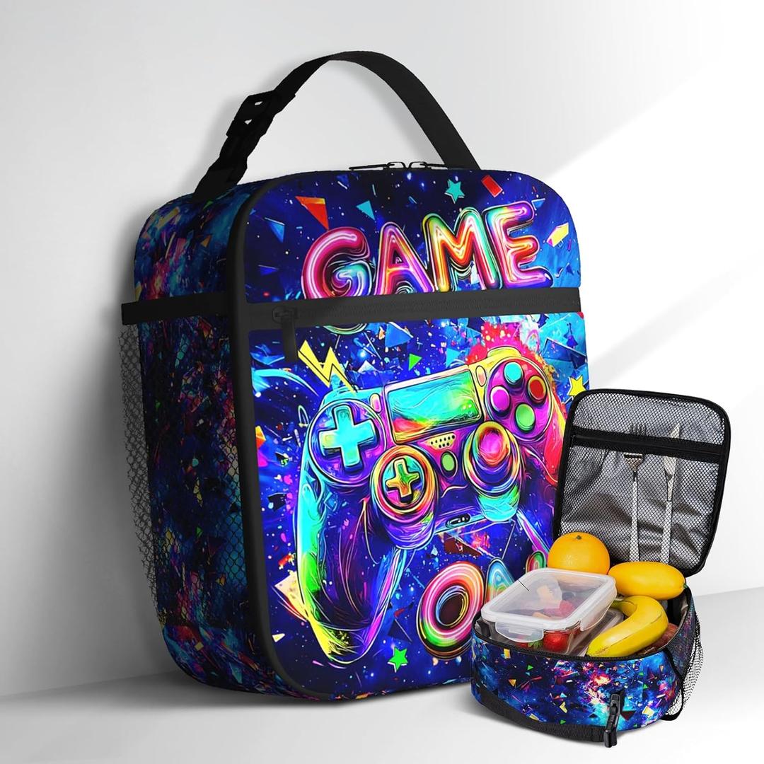 Game Lunch Box for Boys Colorful Video Game Lunch Bag for Kids Girls Teenage Insulated Reusable Portable Lightweight Thermal Cooler Tote for Men Women Adults School Travel Picnic Hiking Beach