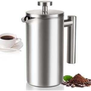 12 OZ French Press Coffee Maker, Sturdy Insulated Full Stainless Steel Coffee Press, Mini Small Camping French Presses Maker, 1-2 Cup Teapot for Kitchen Travel Elegant Silver 350ml