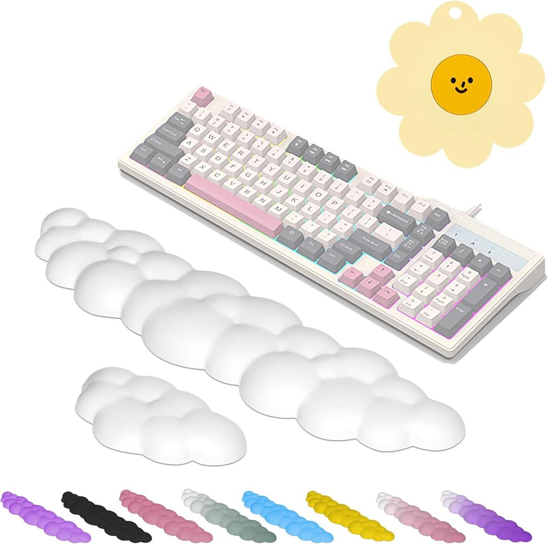 Keyboard Wrist Rest Pad, Ergonomic Design Effective Wrist Pain Relief Arm Rest Desk, Cute Cloud Decoration Gift for Office, Study, Computer Game Table Mouse Accessories (White Set)