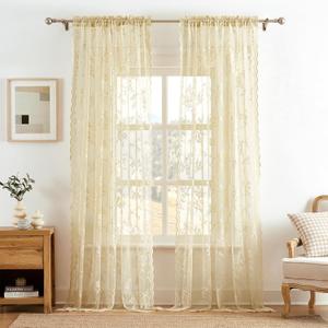 Beige Lace Curtains 90 Inches Long Victorian Floral Sheer Curtains for Living Room Bedroom Decor Drapes Rod Pocket Light Filtering French Window Curtain 2 Panels Set for Dining Room, 52x90