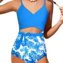 Girls Swimsuit Cutout One-Piece Bathing Suit V-Neck Swimsuits for Teens Cute Swimwear with Drawstring Cover Up 9-18y (11-12 Years, Blue Tropical Plant)