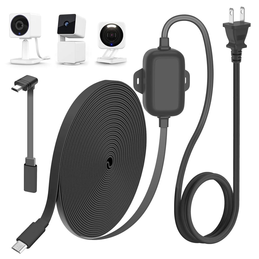 25FT Outdoor Power Adapter for WYZE Cam V4/Cam OG/V3/V3 Pro, L-Shape Micro USB Extension Cable for WYZE Cam Pan V3, IP67 Waterproof Flat Cable Charge Your Camera