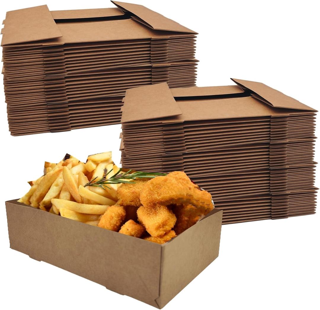 75 Pack Kraft Paper Movie Night Snack Trays, 4 Corner Pop Up Cardboard Nacho Tray for Party Stadiums Theaters, Small Brown Drink Fast Food Containers